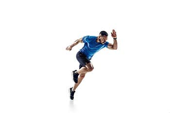 caucasian professional male runner, athlete training isolated on white studio background. copyspace for ad.
